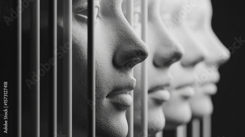 Black and white, high-contrast, close-up of vertical line texture. 3D render of plasticine models of women's faces in profile, with bars behind them. 