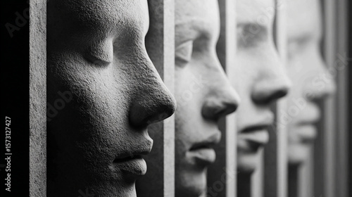 Black and white, high-contrast, close-up of vertical line texture. 3D render of plasticine models of women's faces in profile, with bars behind them. 