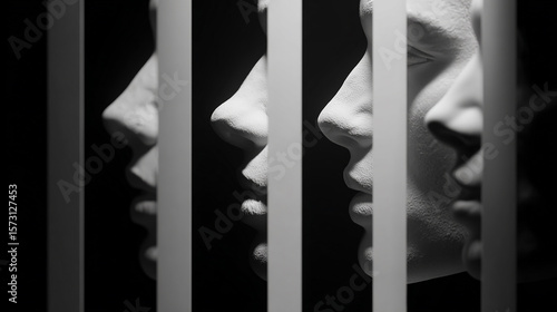 Black and white, high-contrast, close-up of vertical line texture. 3D render of plasticine models of women's faces in profile, with bars behind them. 