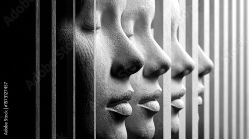 Black and white, high-contrast, close-up of vertical line texture. 3D render of plasticine models of women's faces in profile, with bars behind them. 