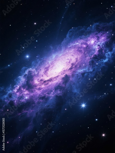 Majestic Spiral Galaxy: Cosmic Dance of Purple and Blue Hues in Deep Space