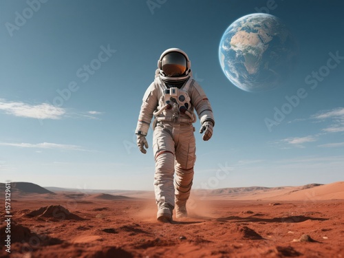 Mars Explorer: Astronaut Walking on Red Planet with Earth View