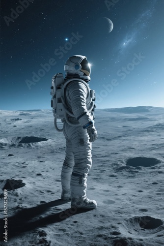 Solitary Astronaut Gazing at Earthrise on a Cratered Lunar Surface