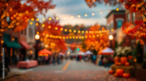 Fototapeta Naklejka Na Ścianę i Meble -  Thanksgiving street fair with autumn lights and decor in small town, blurred celebration background for seasonal ads, festival posters, or community event design