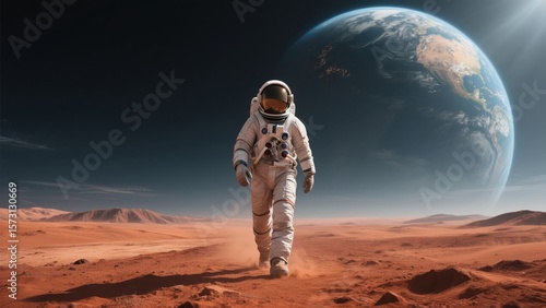 Solitary Astronaut Striding Across Mars with Earth Rising Above the Red Horizon
