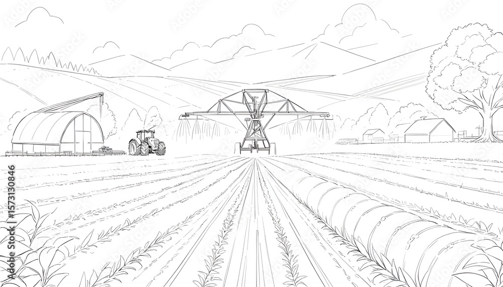 Fototapeta premium An outlined farm scene displays a tractor, greenhouse, pivot irrigation system, crops, and rolling hills under a sky with clouds
