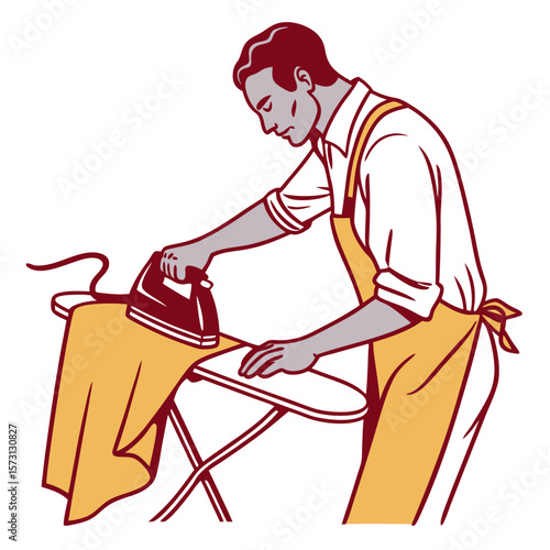 Man Ironing Clothes in Vintage Illustration Style