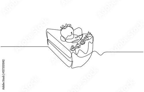 Slice of tart cake with strawberries in one line drawing. Simple design for food concepts, Sweet pastry concept. Modern one line draw design vector graphic illustration for cake shop.