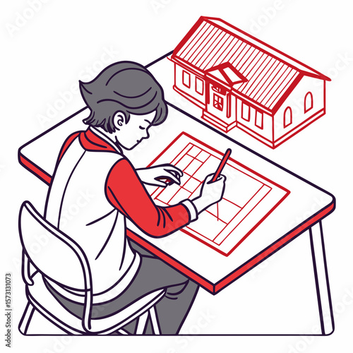 Person Drawing House Blueprint at Desk