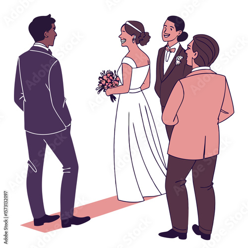 Wedding Ceremony Illustration: Bride and Groom with Guests