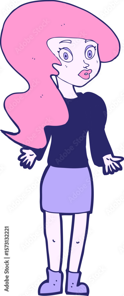 cartoon woman shrugging shoulders in bright neon color cartoon woman shrugging shoulders in bright neon color