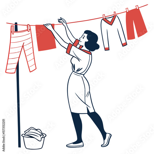 Woman Hanging Laundry on Clothesline Illustration