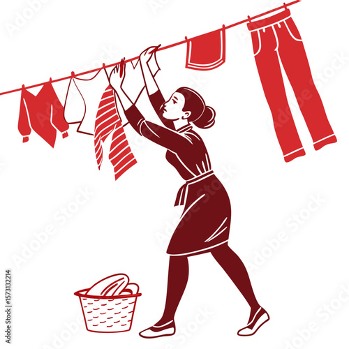 Woman Hanging Laundry on Clothesline Red Illustration