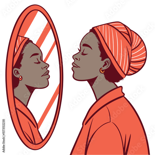 Woman in Red Robe and Headwrap Gazing at Her Reflection in a Mirror