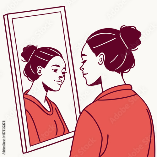 Woman Looking at Her Reflection in a Mirror: A Minimalist Line Art Illustration