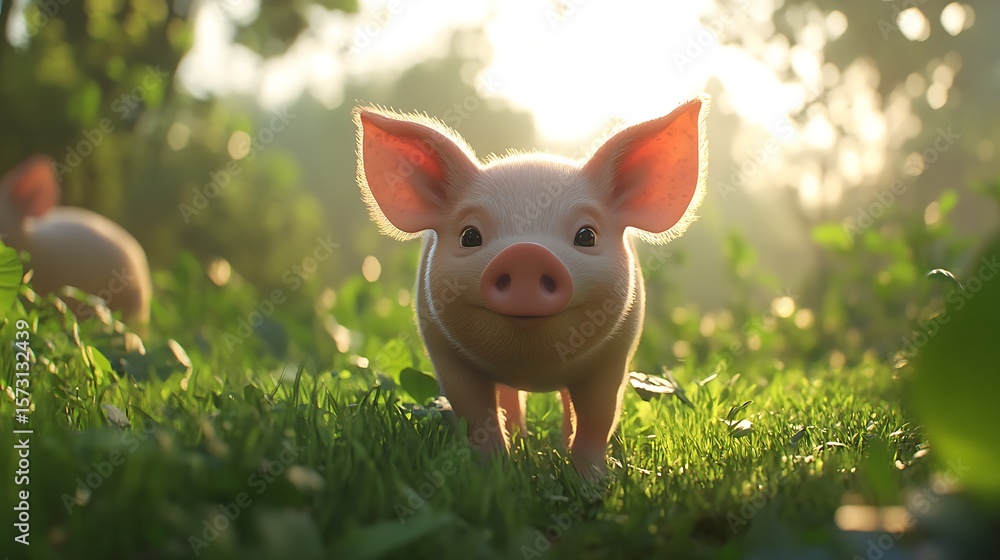 Fototapeta premium Young pigs foraging in farm pastureland high resolution picture