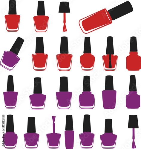Vector nail polish illustration set: various colorful bottles in pink, red, and purple, some with splashes. Ideal for beauty, fashion, and cosmetic designs, isolated on white background.