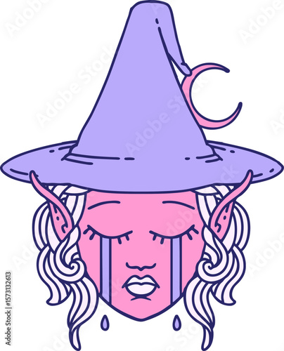Retro Tattoo Style crying elf mage character face in bright neon color
