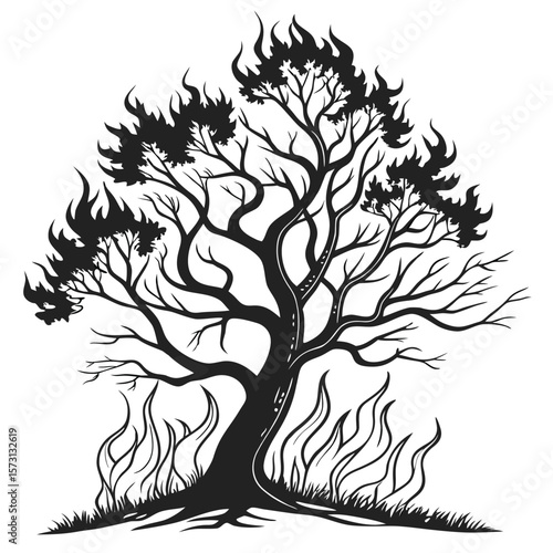 Symbolic Representation of a Tree Consumed by Flames Amidst a Stylized Landscape