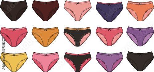 Vector illustration set of colorful women's underwear, including various styles of panties and briefs, ideal for lingerie, intimate apparel, comfort, and fashion concepts on white background.