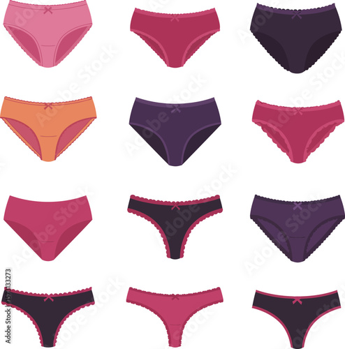 Vector illustration set of colorful women's underwear, including various styles of panties and briefs, ideal for lingerie, intimate apparel, comfort, and fashion concepts on white background.