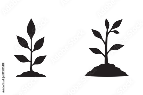 Two simple black silhouettes of young plants growing from the ground