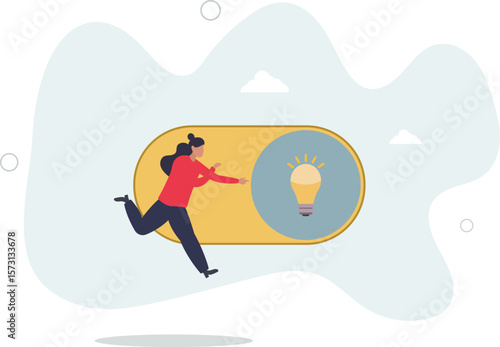 Turn on new idea, solution or innovation to solve problem, enable knowledge or creativity, toggle lightbulb idea invention, character life .