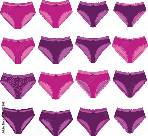 Vector illustration set of colorful women's underwear, including various styles of panties and briefs, ideal for lingerie, intimate apparel, comfort, and fashion concepts on white background.