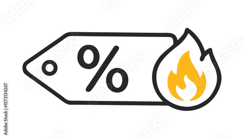 Minimal discount tag with flame symbol in outline style