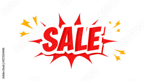 Bold red sale text with explosive burst graphic