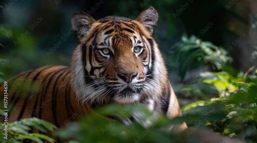 Fototapeta premium Close-up portrait of an Asian tiger in the jungle, intense gaze amidst lush greenery and emphasizing the wild beauty of wildlife through natural lighting. 