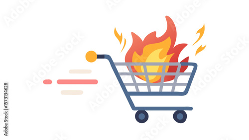 Shopping cart with blazing flames in motion and speed trails