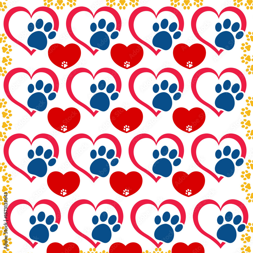 Fototapeta premium Seamless pattern featuring red and blue paw prints on a white background