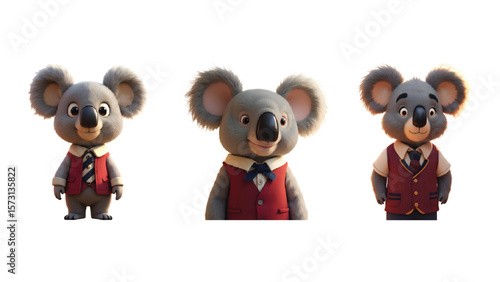 Three charming koala characters wearing waistcoats, ideal for children's books, greeting cards, or delightful graphic design projects, bringing a touch of adorable nature-inspired artistry.