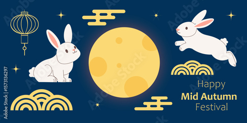 Playful rabbits with full moon and lantern celebrating mid-autumn festival. Vector set