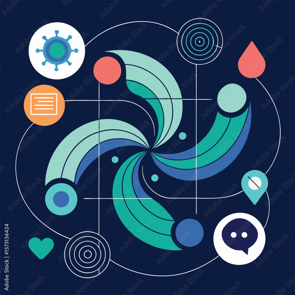 Obraz premium Abstract graphic design elements arranged in a circular pattern for visual communication on a dark blue background