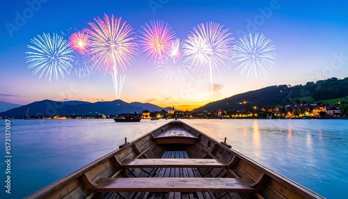 Fireworks over a lake from a wooden boat