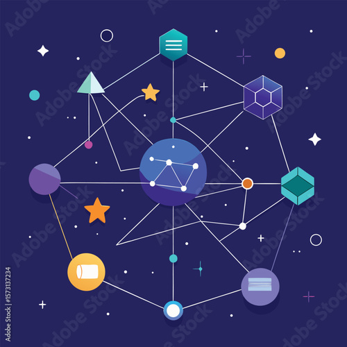 Abstract network illustration depicting connections between concepts ideas and elements for digital communications