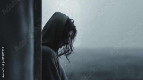 Une femme avec des troubles mentaux, elle est dépressive et se tient sous la pluie