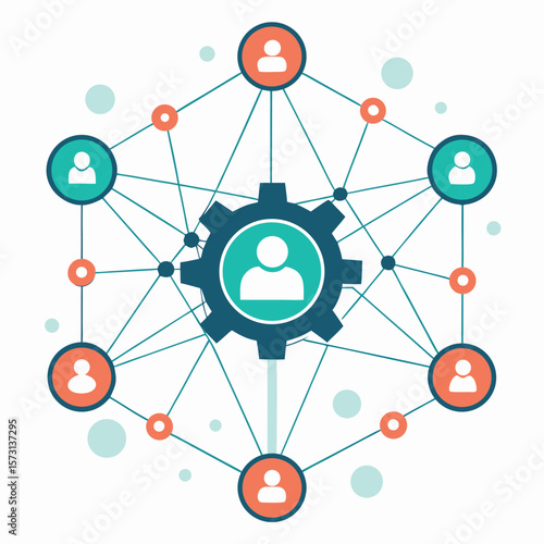 Abstract network of people connected to a central gear illustrating teamwork and collaboration