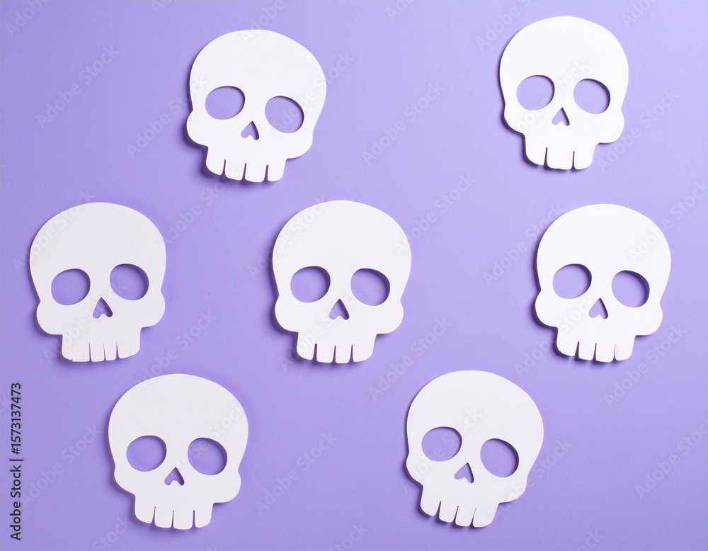 Fototapeta premium 3D halloween white paper skulls on a plain purple background, autumn fall skeleton wallpaper with copy space for text