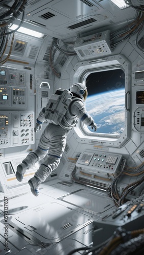 Astronaut Floating in Space Station Gazing at Earth Through Window