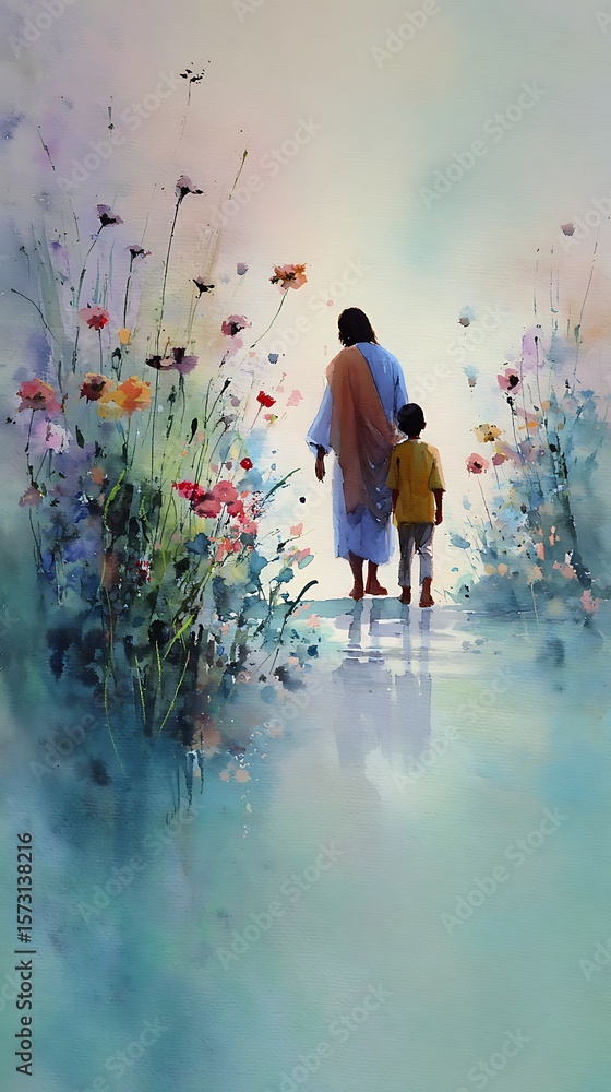 Fototapeta premium Jesus and a child walking together, peaceful watercolor scene with soft floral background 