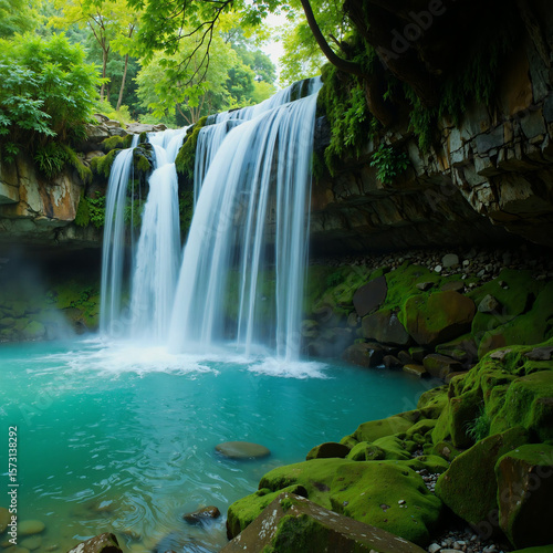 Wallpaper Mural A serene natural scene featuring a cascading waterfall surrounded by greenery and mosscovered rocks, leading to a tranquil turquoise pool below Torontodigital.ca