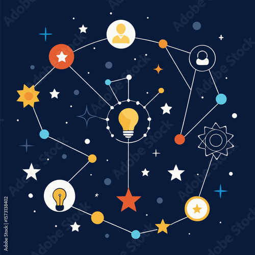 Creative connections illustrated with a cosmic theme representing innovation and ideas on a dark blue background