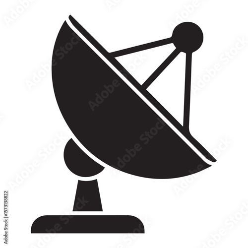 A black and white vector illustration of a satellite dish antenna used for communication and signal transmission