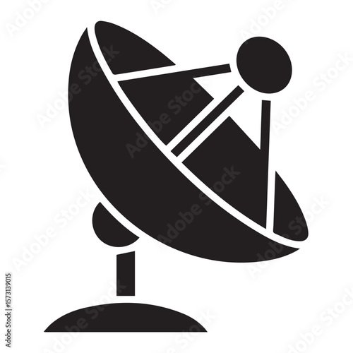 A bold black and white vector graphic of a satellite dish, representing modern communication technology