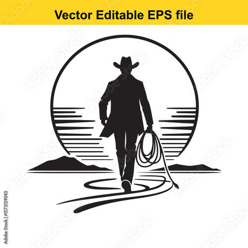Silhouette of a Cowboy Walking Into the Sunset with a Lasso in Hand in Vector Illustration