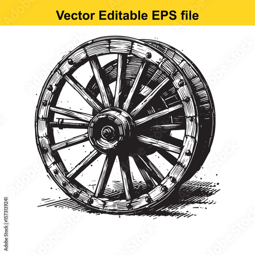 Monochrome Illustration of a Vintage Wooden Cart Wheel Detailed Woodcut Style Rendering Adds Depth and Texture to the Design