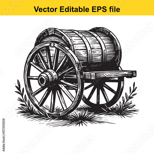 Monochrome Woodcut Illustration of a Vintage Water Barrel Wagon Sitting in Grasses With a Decorative Border Effect